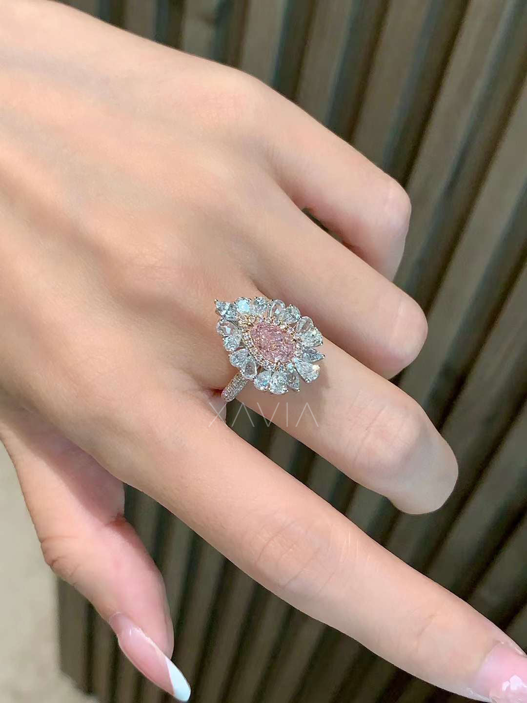 luxury pink pear cut diamond engagement ring with marquise and pear halo in designer box